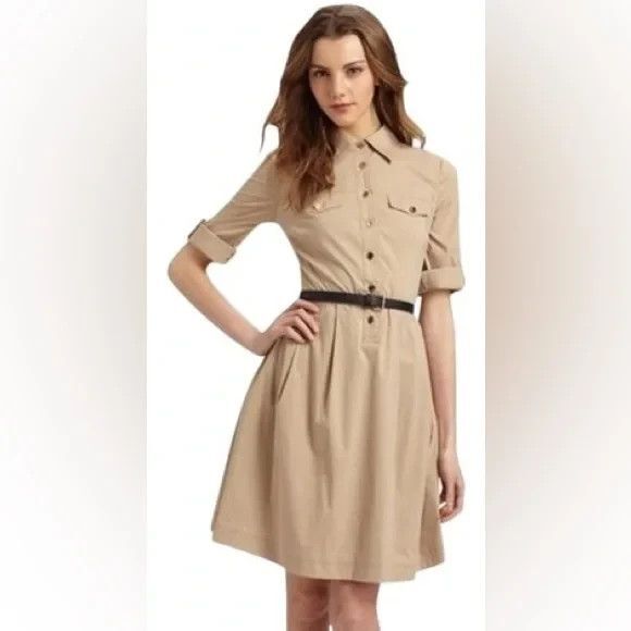 Tory Burch Blythe Khaki Safari Style Shirt Dress Size 12 A line button down - Picture 1 of 10
